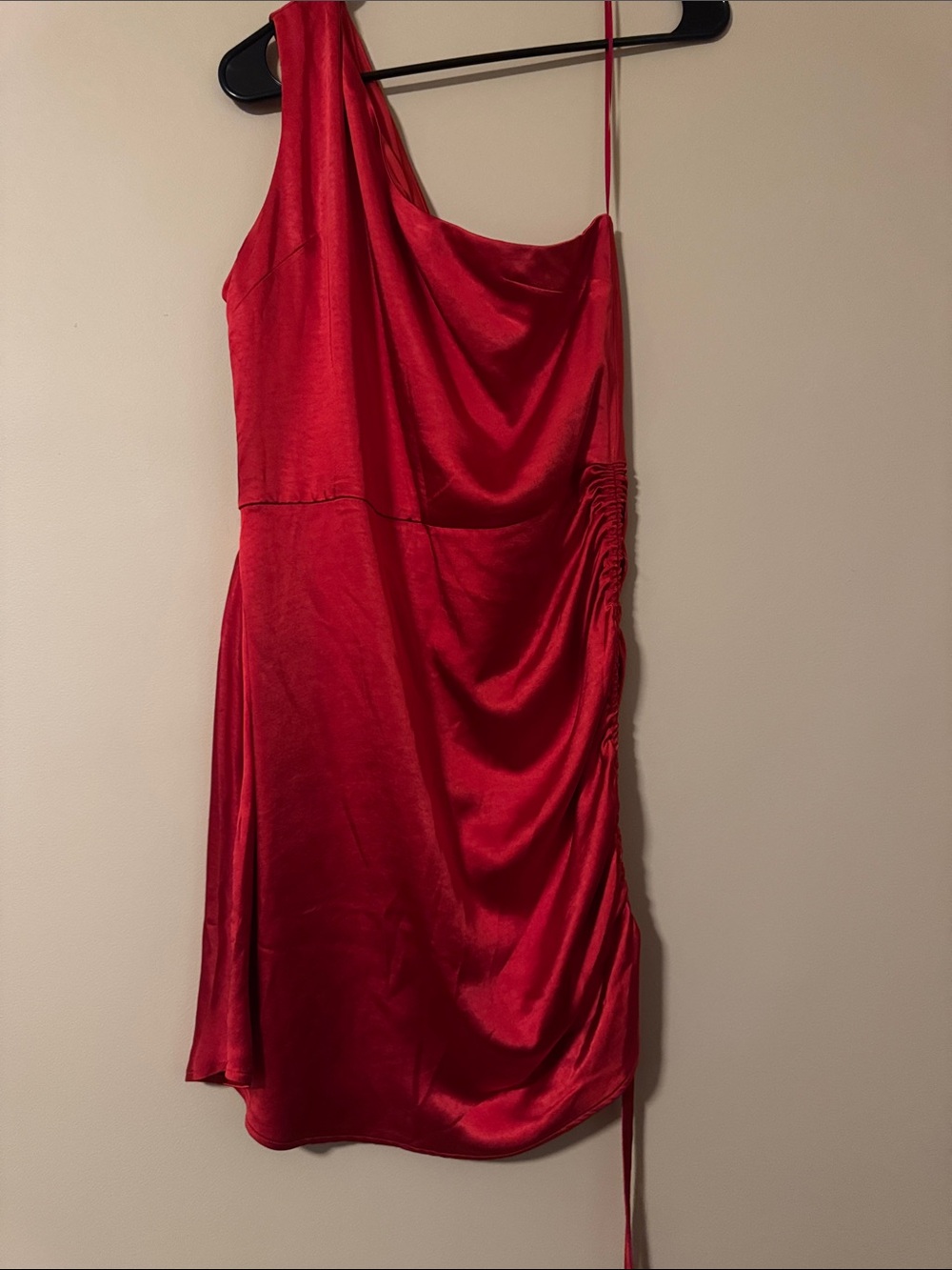 Red Satin One-Shoulder Dress, L